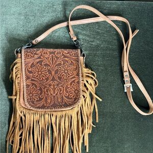 Montana West Tan and Brown Floral Fringe Satchel